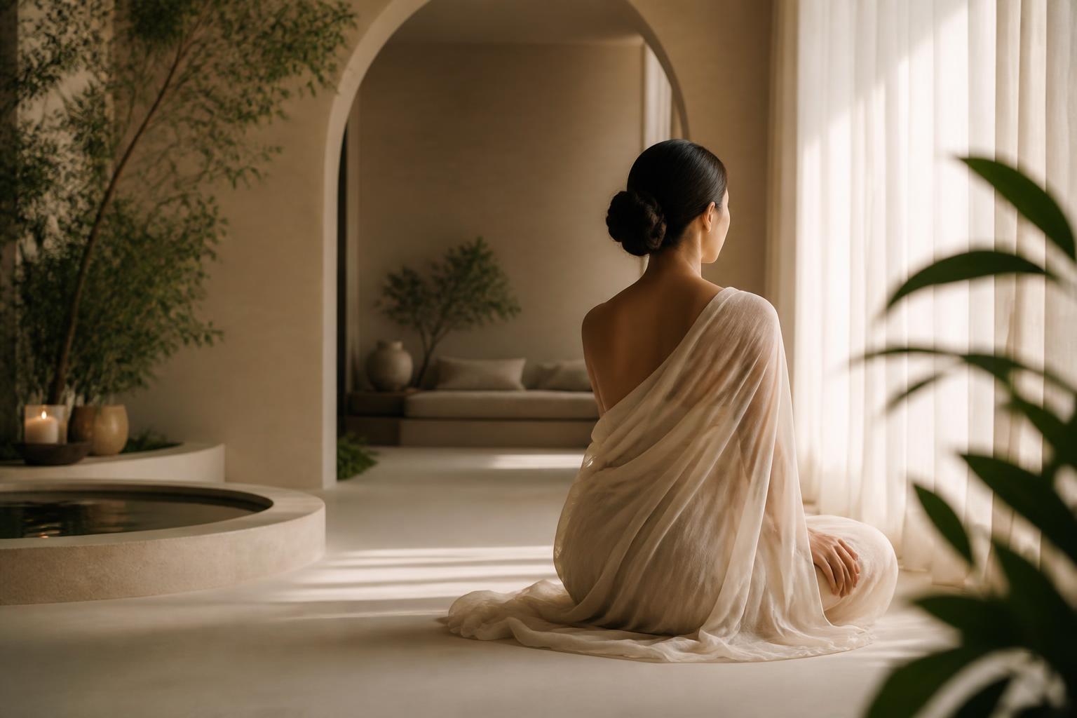 A woman wrapped in flowing linen sits peacefully in a softly lit Japanese-inspired wellness sanctuary