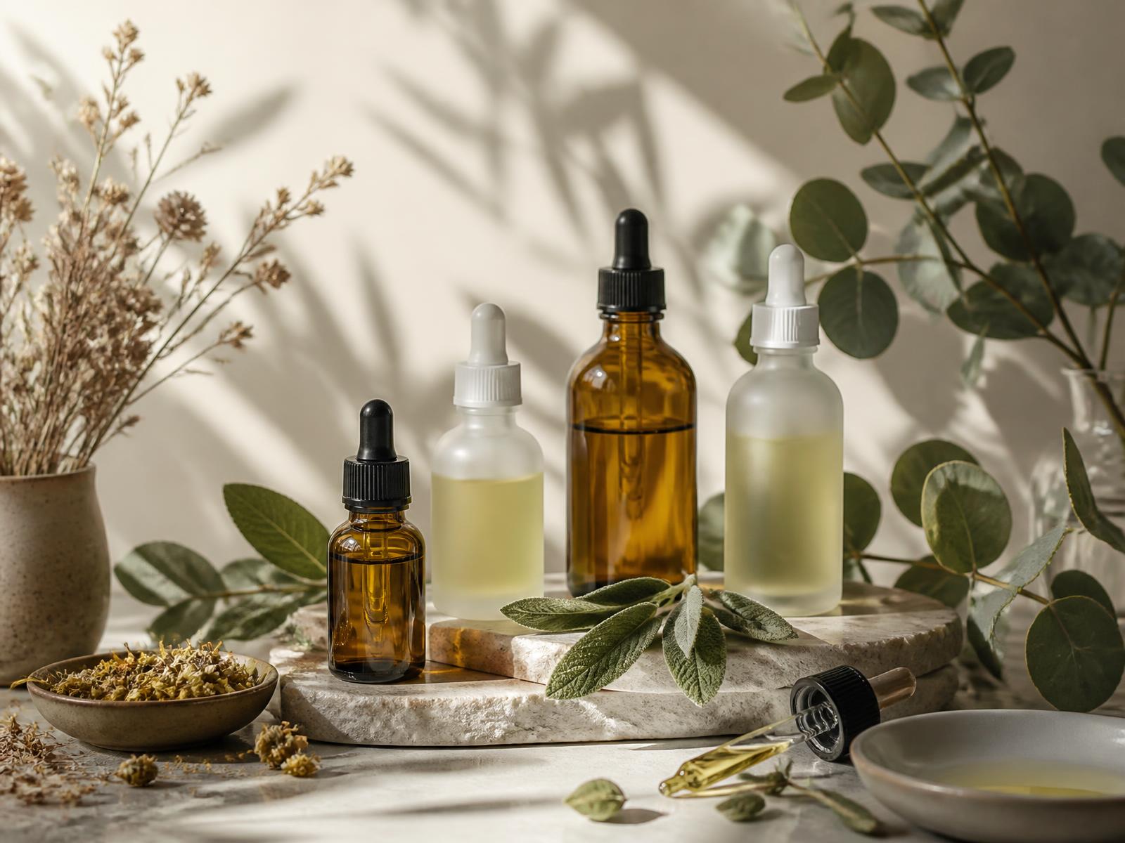 Amber apothecary bottles amongst botanicals
